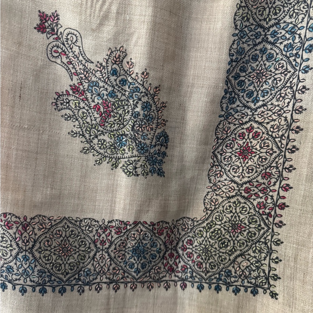 Embroidered Cream Scarf with Multicolor Design